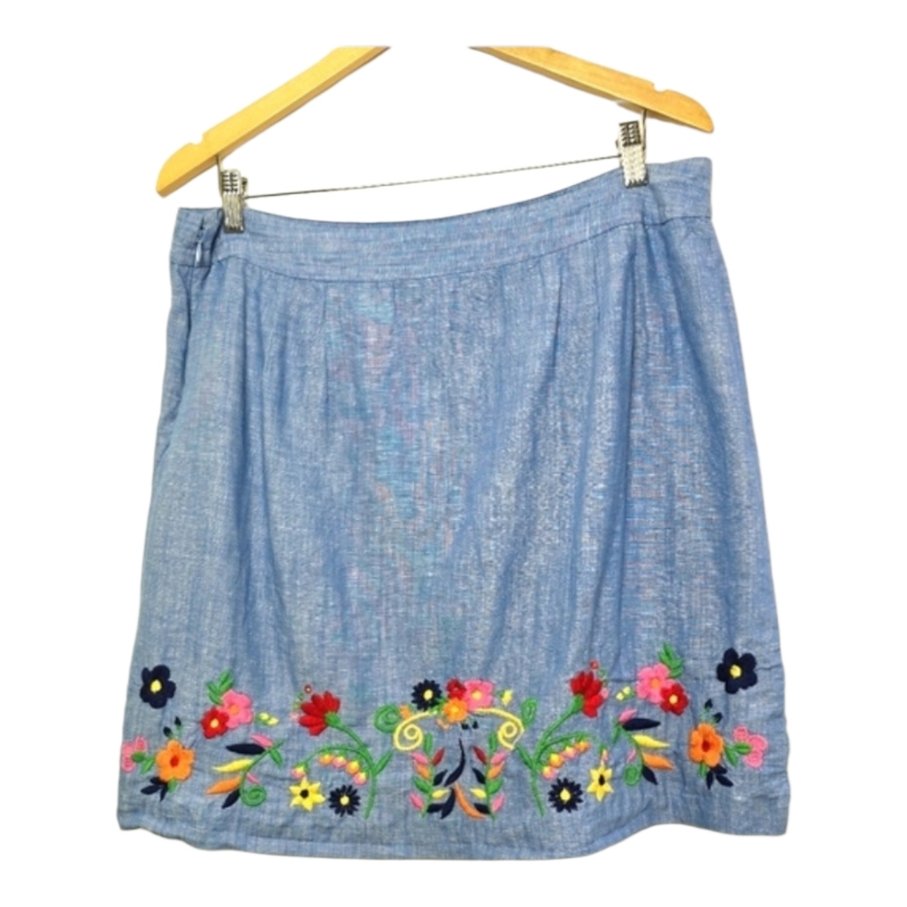 Talbots Chambray Linen Blend Embroidered Blue Mini Skirt Sz 14 Cottagecore